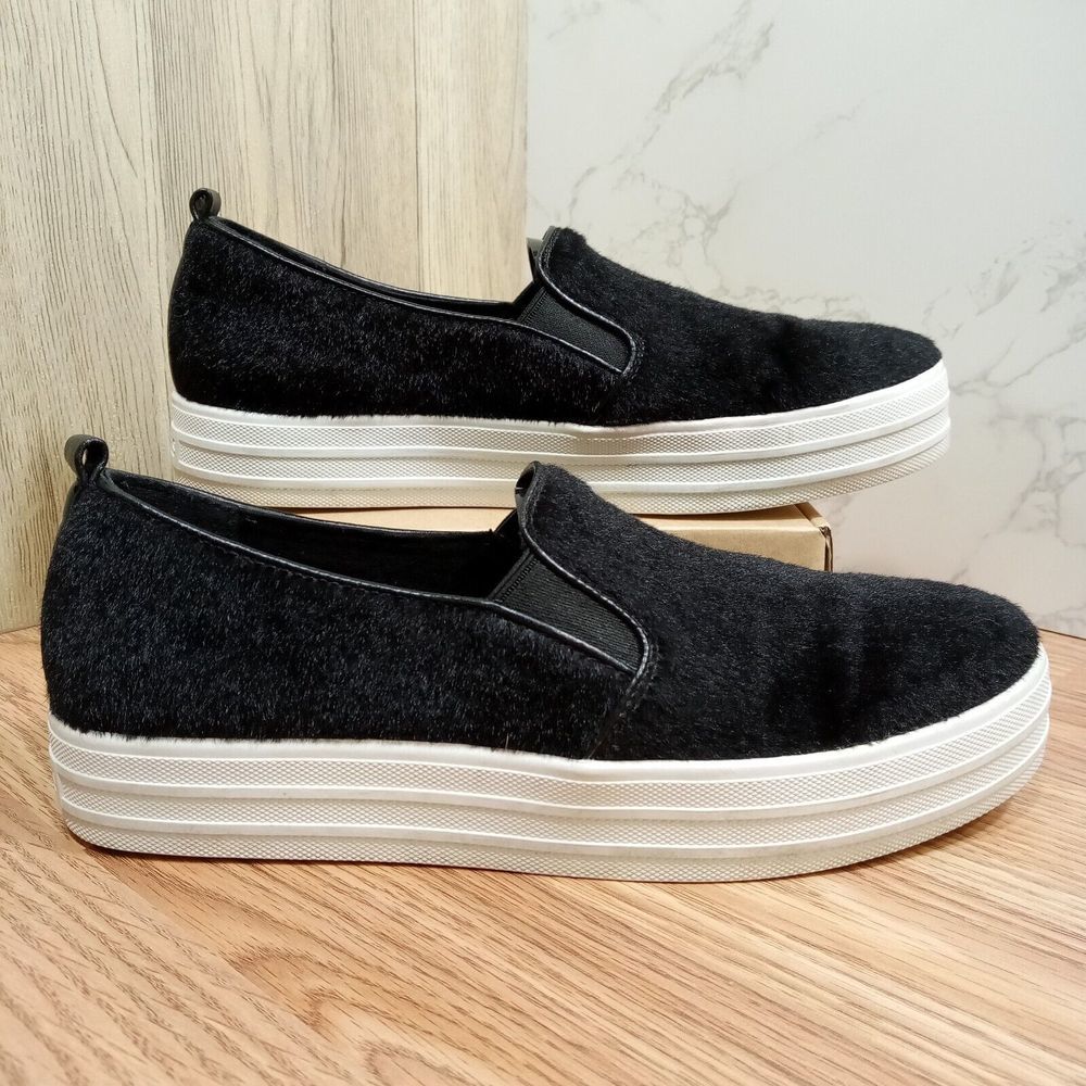 Skechers Street Womens Sz 7.5‎ EU 37.5 Faux Fur Black Slip On Shoes Pony Hair